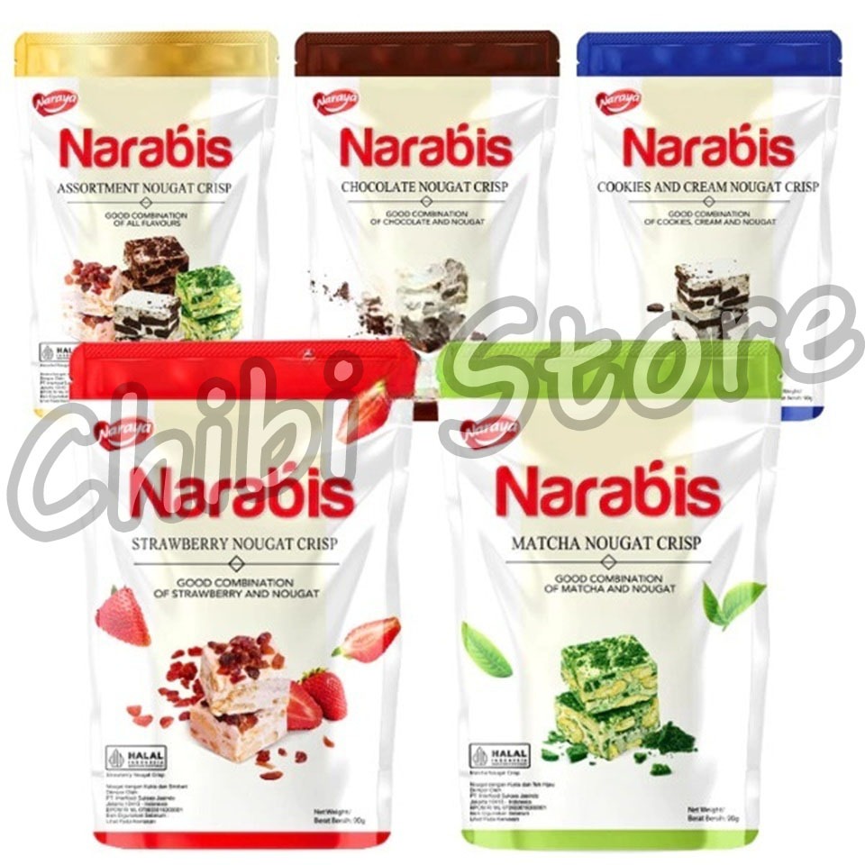 

Naraya Narabis Nougat - Assorment Chocolate Crumbs Matcha Orange Strawberry Nougat Crisp - Narabis dengan Kukis Aneka Rasa Cokelat Cream Matcha Orange Strawbery Cookies 90g