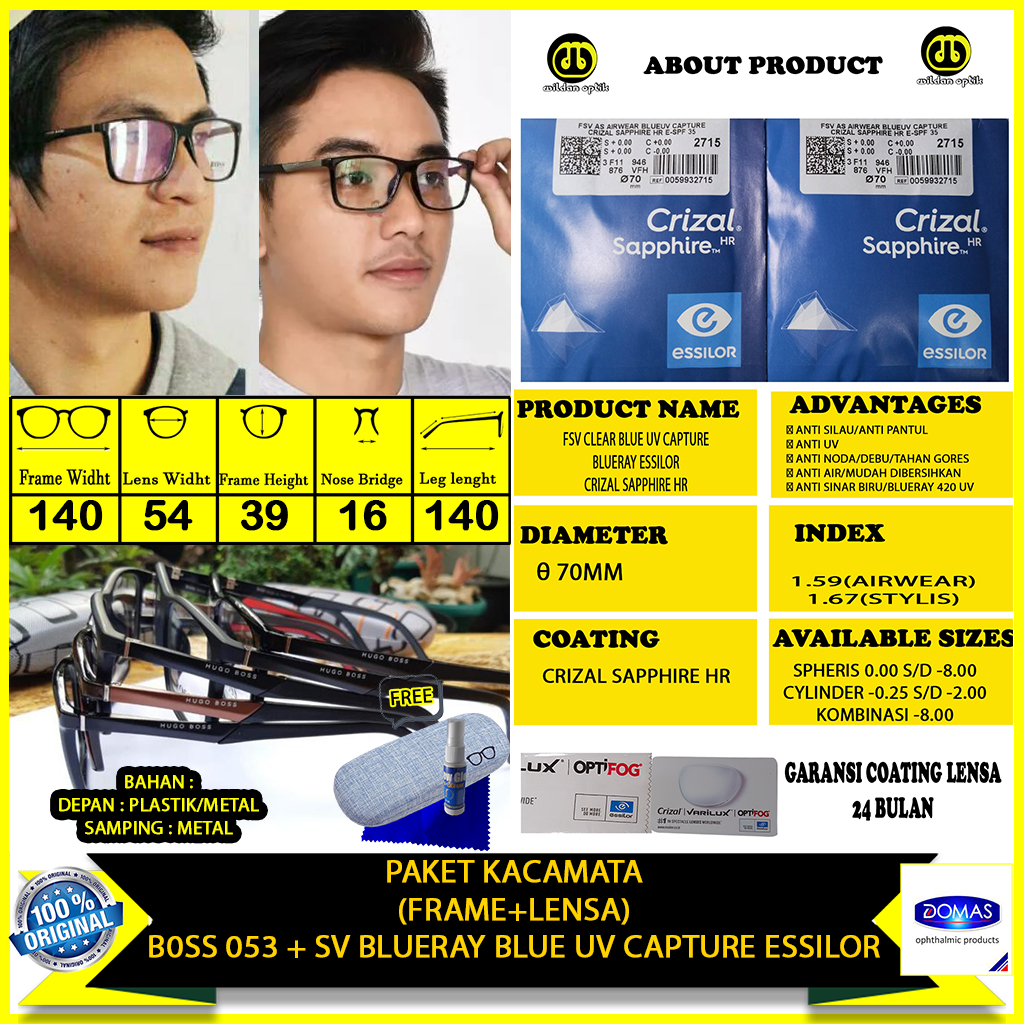 PAKET KACAMATA ESSILOR FRAME 053 + ESSILOR BLUE UV CAPTURE CRIZAL EASY PRO