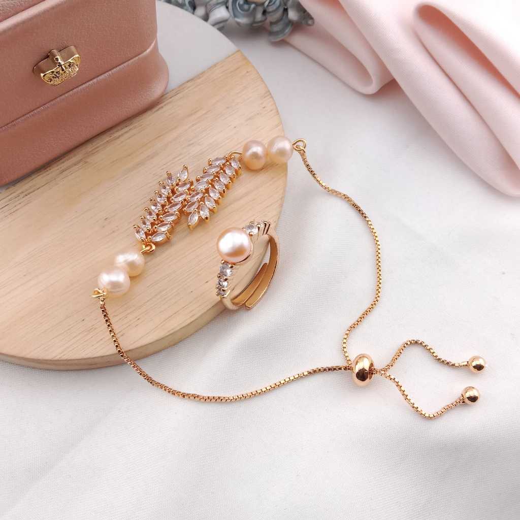 Satu Set Perhiasan Mutiara Air Tawar Asli Lombok | GELANG MODEL SERUT & CINCIN MUTIARA TAWAR ASLI LO