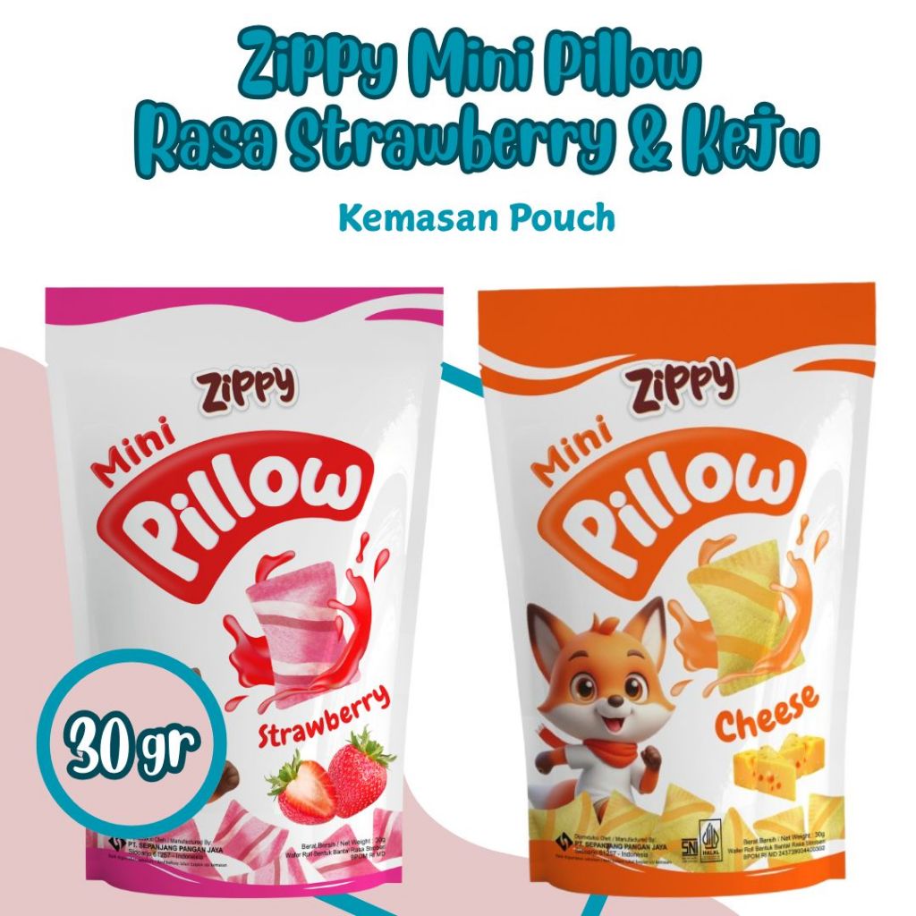 

ZIPPY MINI PILLOW RASA STRAWBERRY DAN KEJU 30 Gr Biskuit Kemasan Pouch