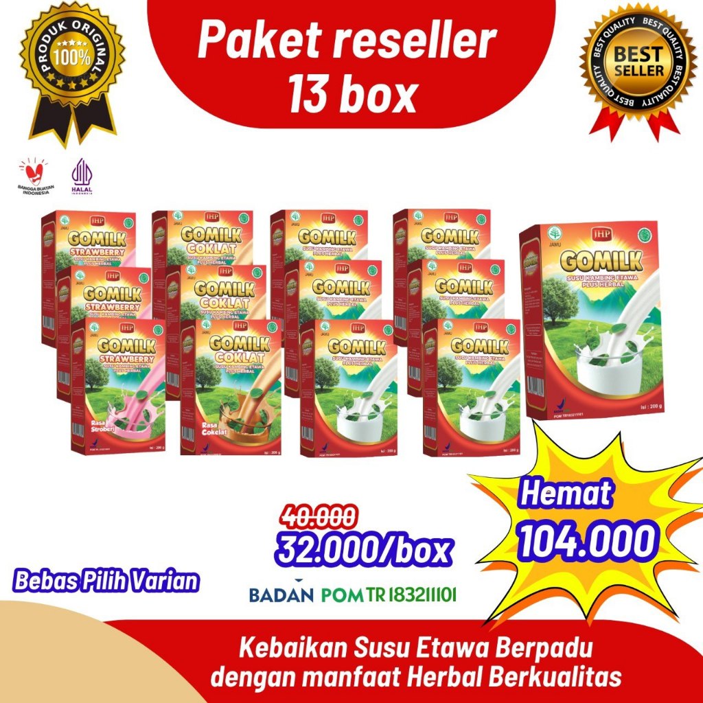 

Paket reseller 13 box Gomilk Susu Kambing Etawa plus herbal