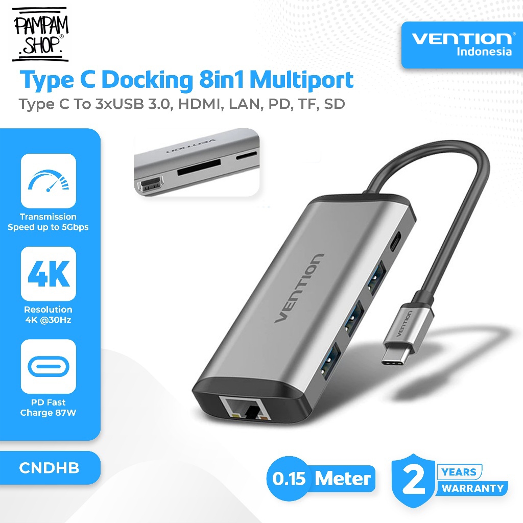 VENTION CNDHB HUB Type C Male to RJ45 LAN Port TF SD Card HDMI 4K 30Hz 3x USB 3.0 PD 87W Female 0.15