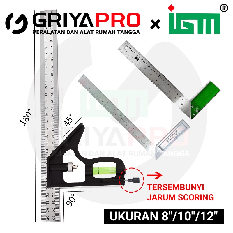 

Penggaris Siku Tukang Multifungsi Waterpass & Alat Ukur Akurat 8"/10"/12" Inch Kombinasi Ready Stock