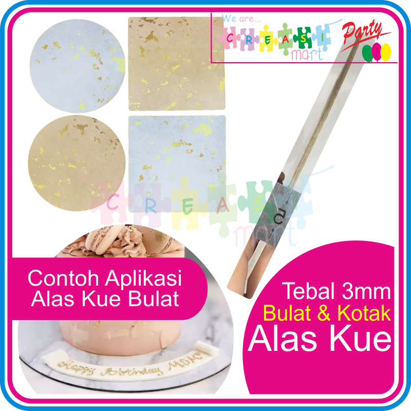 Alas Kue Bulat & Kotak Ukuran 22/26/30cm Tebal 3mm Tataan Kue Tart Marble Coklat Gold dan Abu Silver