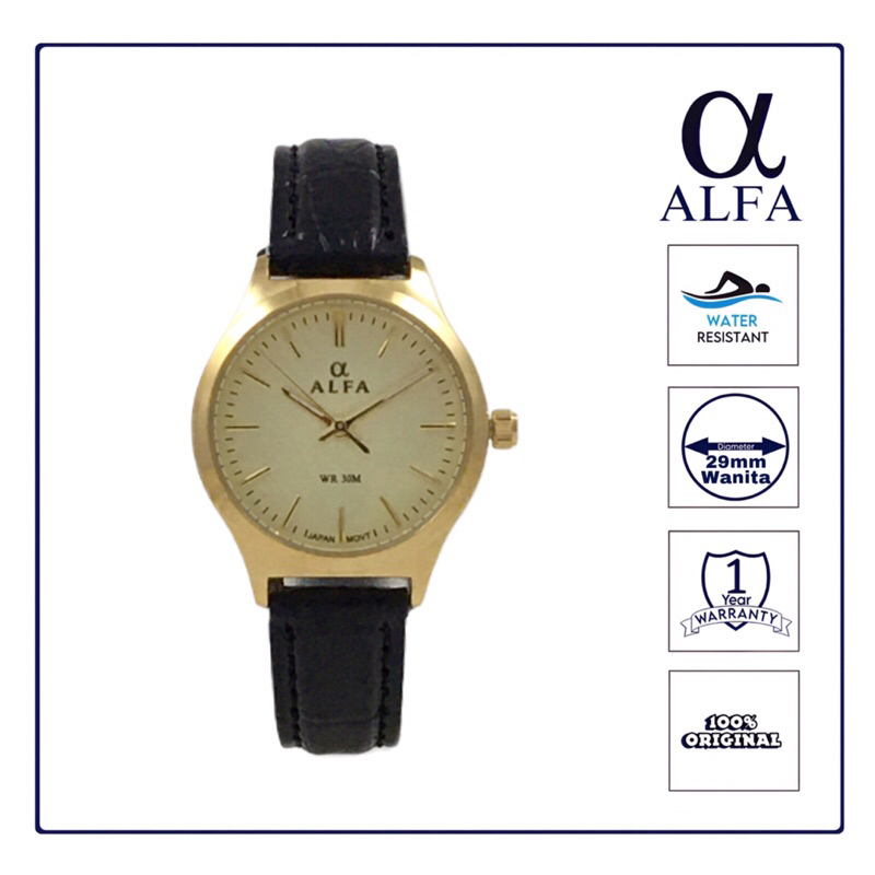 ALFA Jam Tangan Wanita Kulit Tahan Air warna Gold K6001 Original