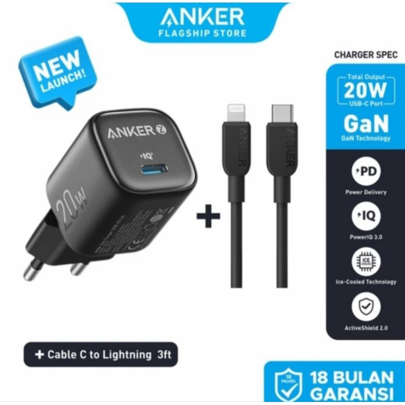 ANKER Set charger iphone Type-C to Lightning 20W ZOLO GaN fast charging original hitam