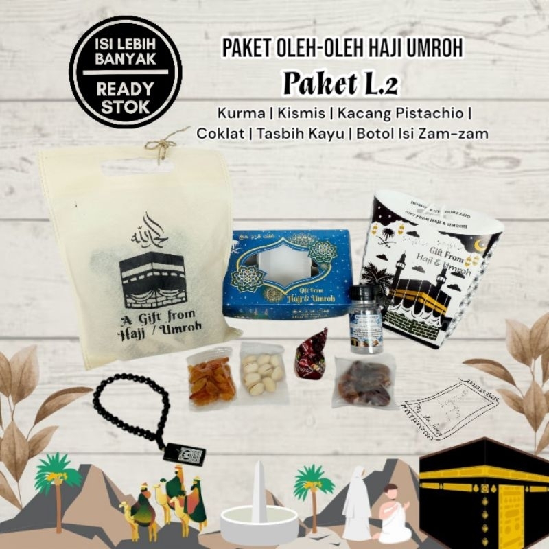 

Paket L.2 oleh oleh haji umroh Oleh oleh haji umroh kurma kismis pistachio coklat tasbih botol+zam-zam 50ml