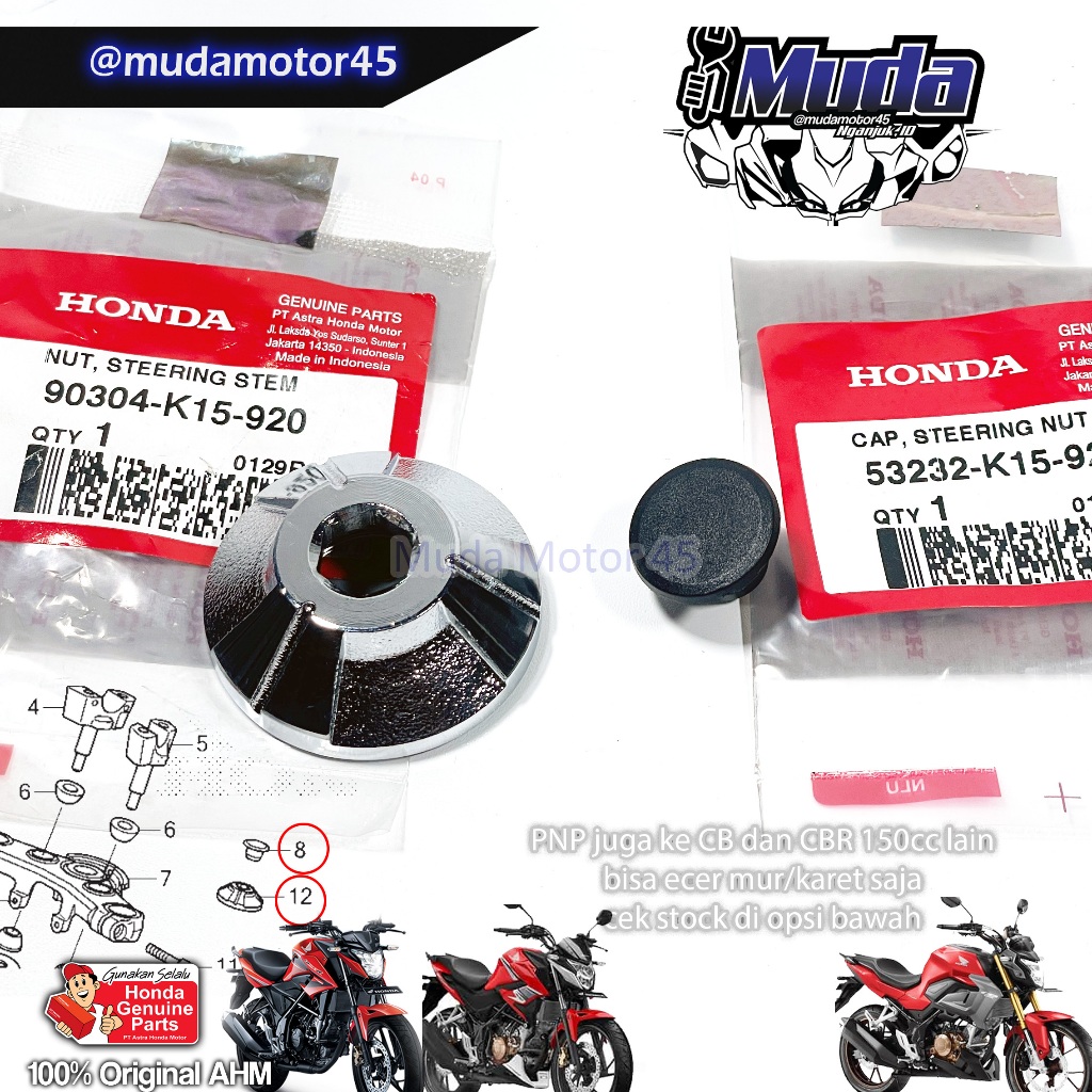 MUR SET KARET CB150R V2 TUTUP SEGITIGA T ATAS PNP CBR CBR150R 90304-K15-920 53232-K15  BAUT CAP NUT 