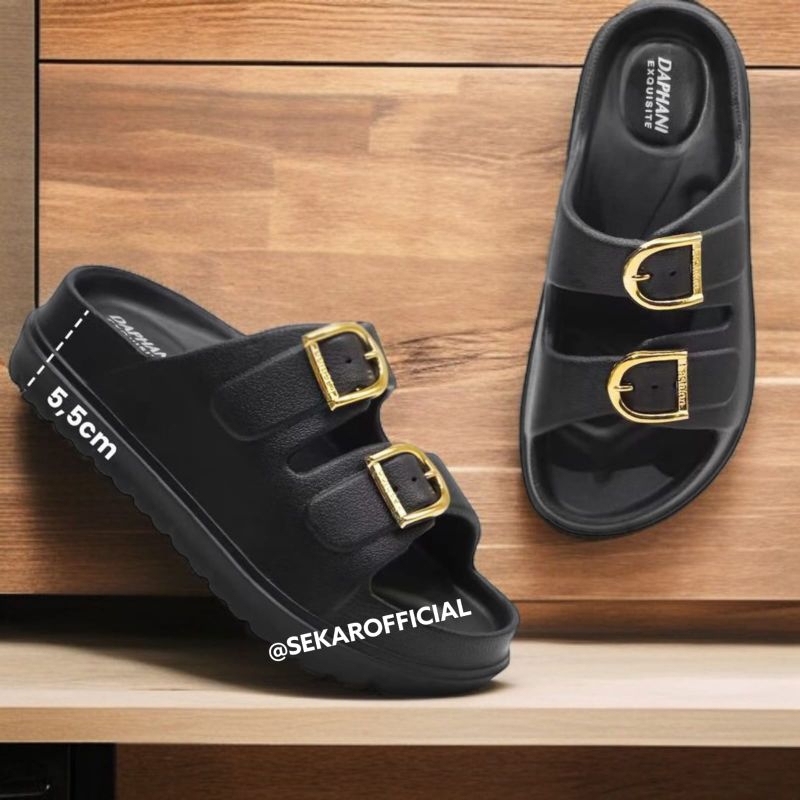 Sandal Fashion dewasa Kekinian Dua Strap dengan Gesper Emas