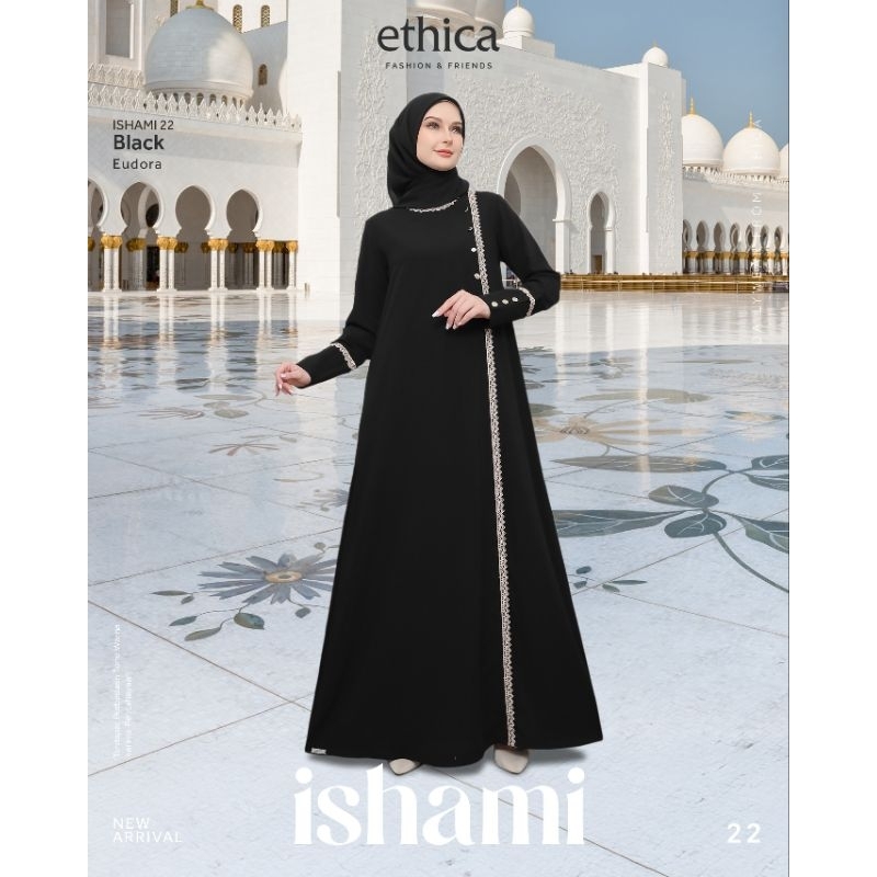 ISHAMI 22 GAMIS HAJI DAN UMROH GAMIS HITAM POLOS ELEGAN SIMPLE MEWAH TERBARU ETHICA