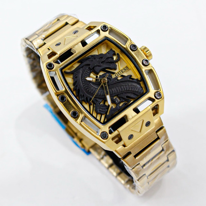Jam Tangan Guess Dragon 3D Tali Rantai Steel Tangal Aktif Unisex ( Pria & Wanita )