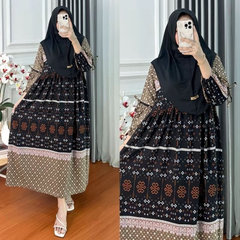 GAMIS WANITA LENGAN BALON,RAYON MOTIF TERBARU