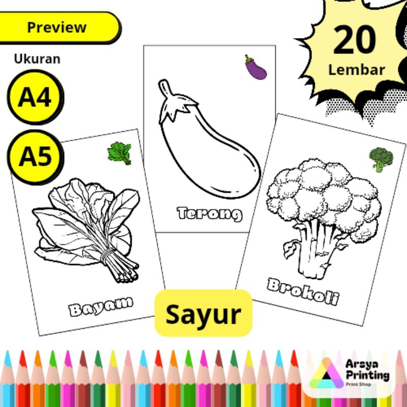 

20 Lembar Kertas Mewarnai Anak Tema Sayuran