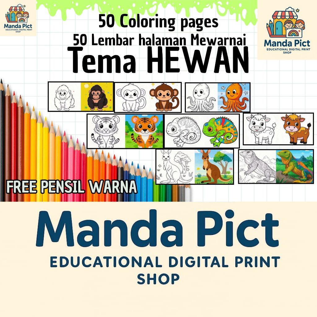 Gambar Mewarnai Hewan 50 Lembar Tema Animal TK SD PAUD HVS 100gr Edukasi Anak bukan buku mewarna
