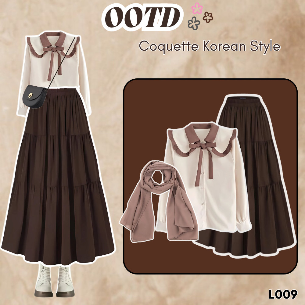Outfit Cewek Bumi Korean Style Oneset Wanita Kekinian ( Blouse Pita, Rok Ruffle, Pashmina)  - L009