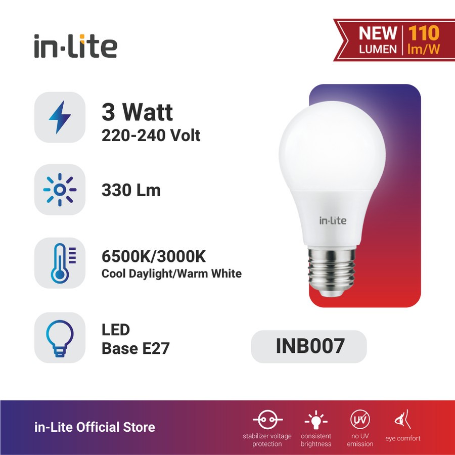In-Lite Lampu Bohlam LED 3 Watt,5 Watt,7 Watt,9 Watt,12 Watt,15 Watt,18 Watt,25 Watt,30 Watt Putih (