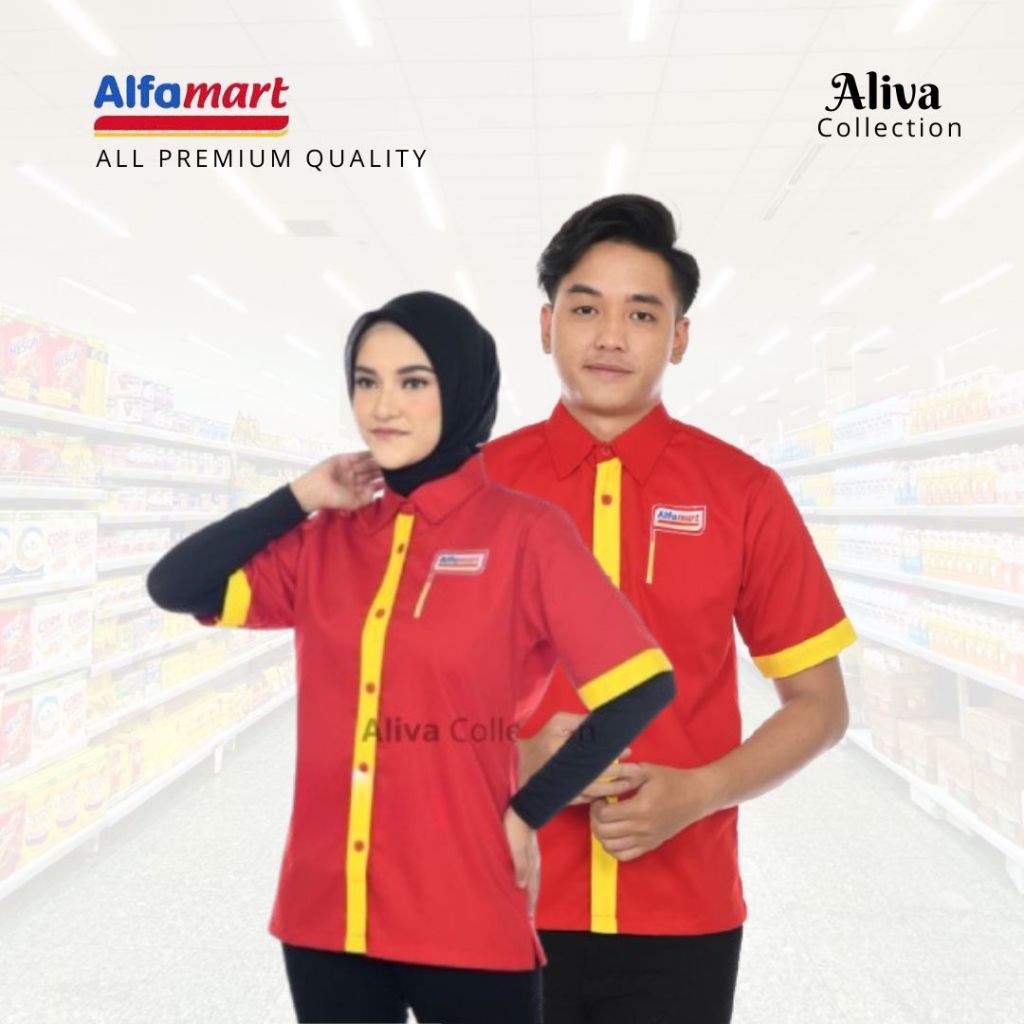 Seragam Kerja Alfamart Kemeja Seragam Kerja Merah Kombinasi Kuning Lengan Pendek Pria Wanita Tersedi