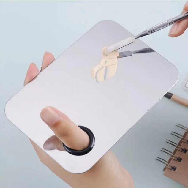 BHEEMSTORE - ACC03 Mixing Palette Stainless Steel + Spatula Set Alat Pencampur Make up Tools Kotak /