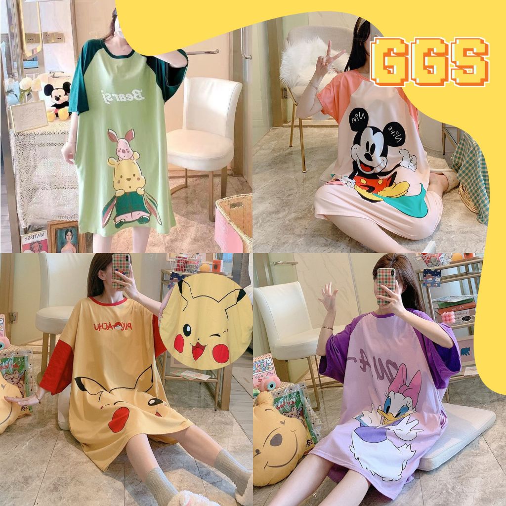 Piyama Daster Baju Tidur Wanita Jumbo Oversize Lengan Pendek Motif Lucu Kaos Selutut
