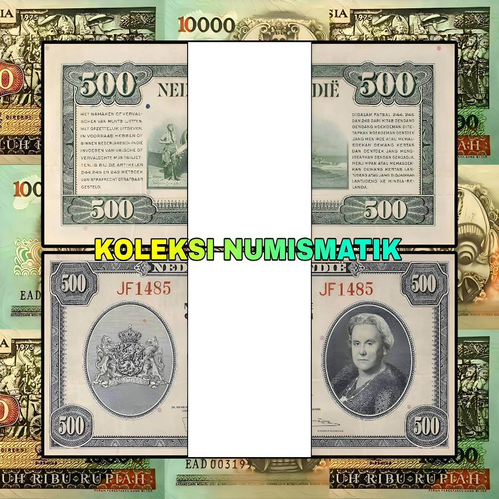 1 GEPOK SOUVENIR UANG KERTAS KUNO HINDIA BELANDA 500 GULDEN NICA WILHELMINA 1943