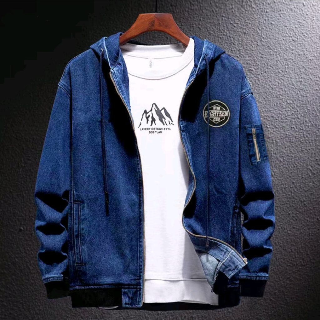 Jaket Bomber Jeans Kupluk | Jaket Jeans Bomber Topi |  Jaket Fashion Pria Distro