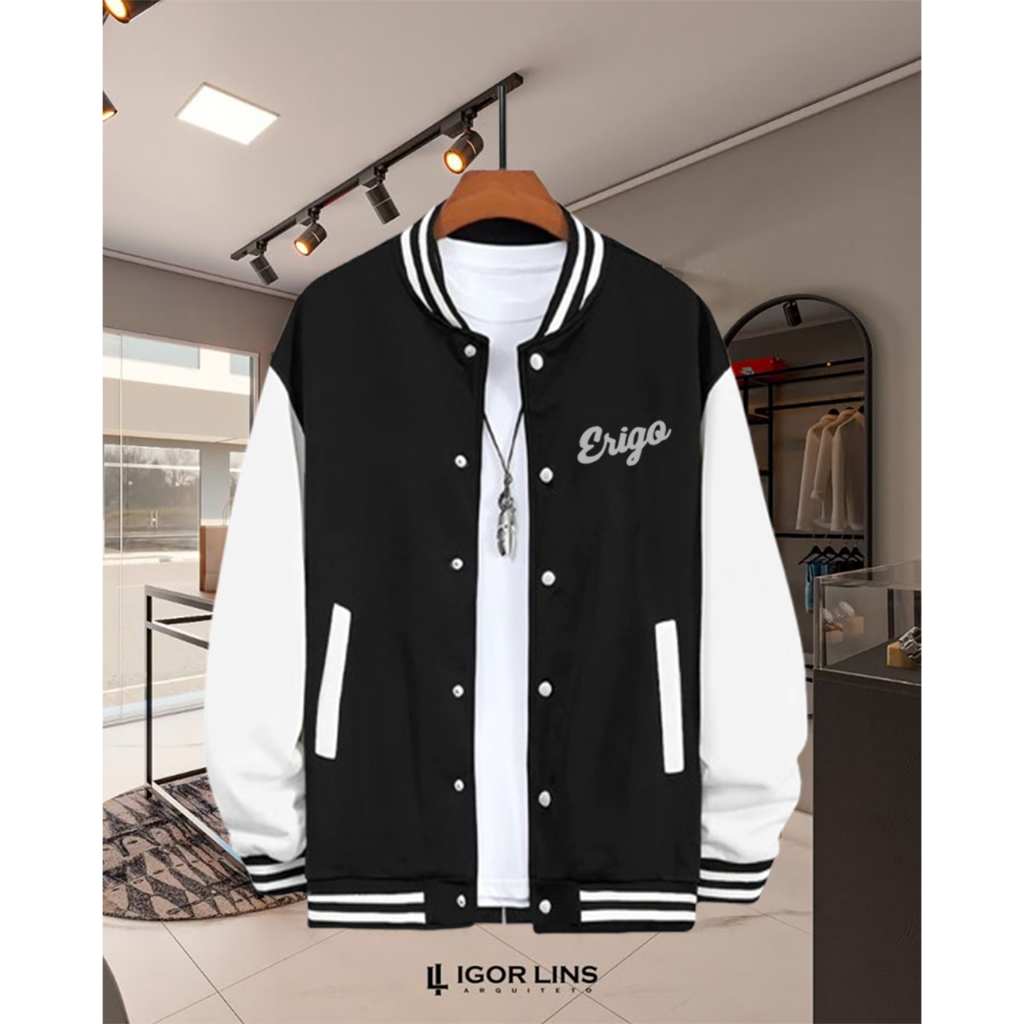 [ COD ] Jaket Baseball Varsity kancing  Logo Erigo Text SilverJaket Varsity Kancing Premium Pria Wan