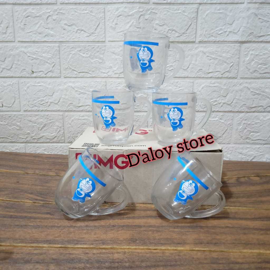 6PCS Gelas Kopi Beling Motif DORAEMON/Gelas Kopi Kaca Gagang Karakter