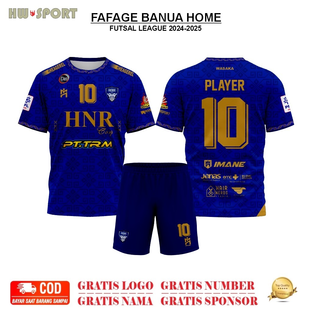 JERSEY FUTSAL BOLA FAFAGE BANUA HOME BIRU 2024-2025 TERBARU PRINTING PREMIUM CUSTOM NAMA