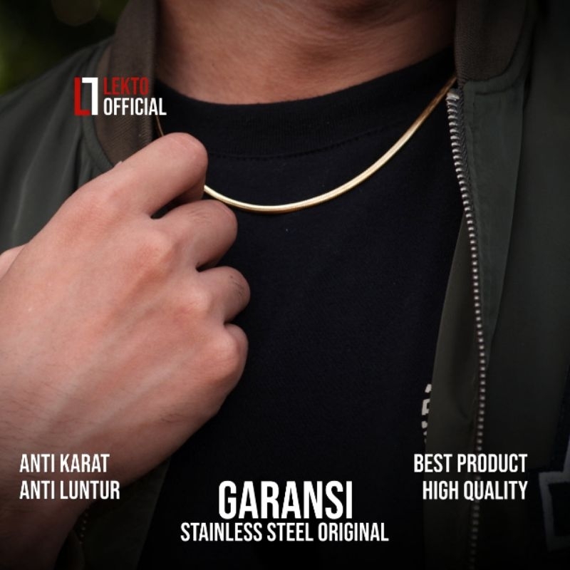 Kalung Pria Wanita Titanium Anti Karat Asli Model Belut Pipih Gold Monel Stainless Steel Emas