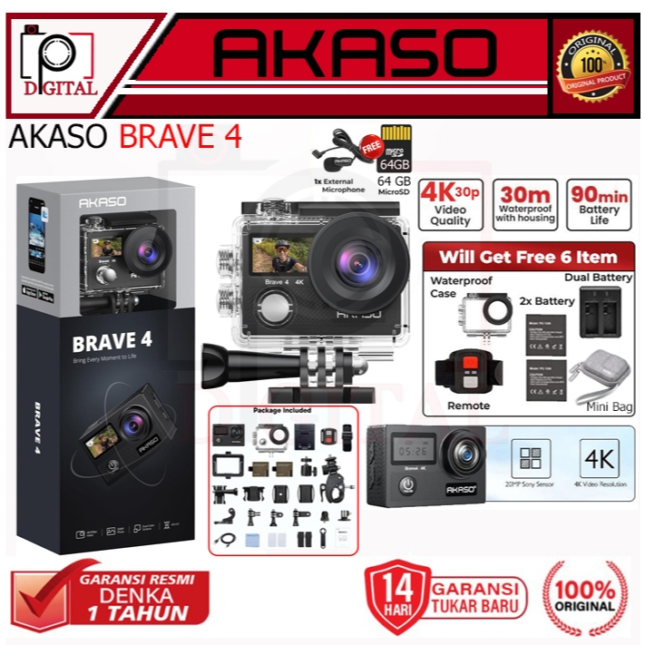 Akaso Brave 4 Action Cam Camera Wifi 4K Waterproof + Remote Resmi
