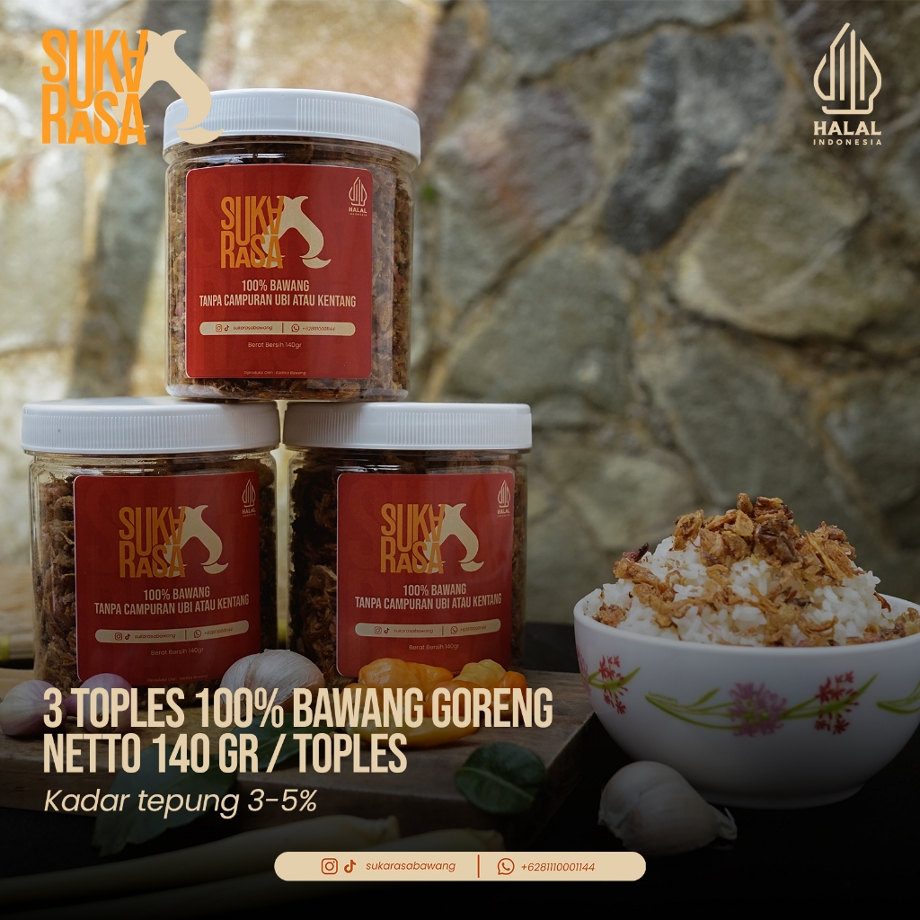 

BAWANG GORENG PREMIUM GRADE A TANPA CAMPURAN | SUKA RASA 3 TOPLES 140GR/TOPLES