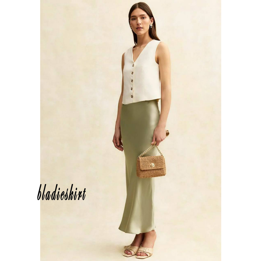 [BLADIESKIRT] PREMIUM SATIN SILK SKIRT MIDI LENGTH SAGE GREEN