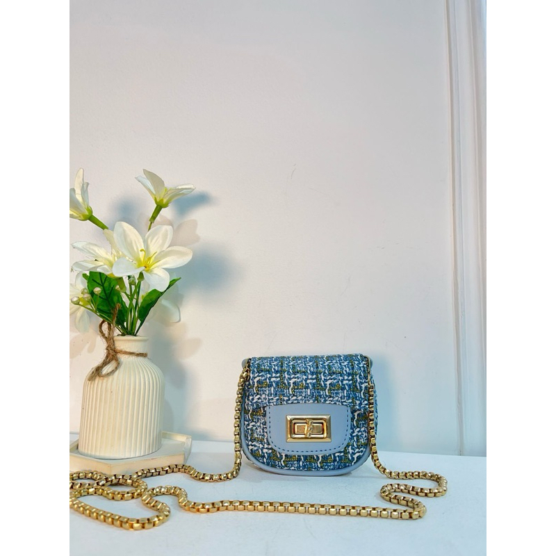 Tas Selempang Wanita Mini Koin / Tas selempang anak Tweed Rajut Variasi Warna Biru