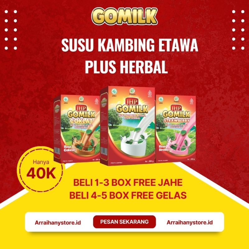 

[BELI 1-3 BOX BONUS JAHE] [ BELI 4-5 BOX BONUS GELAS] Gomilk Susu Kambing Etawa plus Herbal 200Gram | Susu Kambing Etawa Bubuk Gomilk Penambah nafsu makan