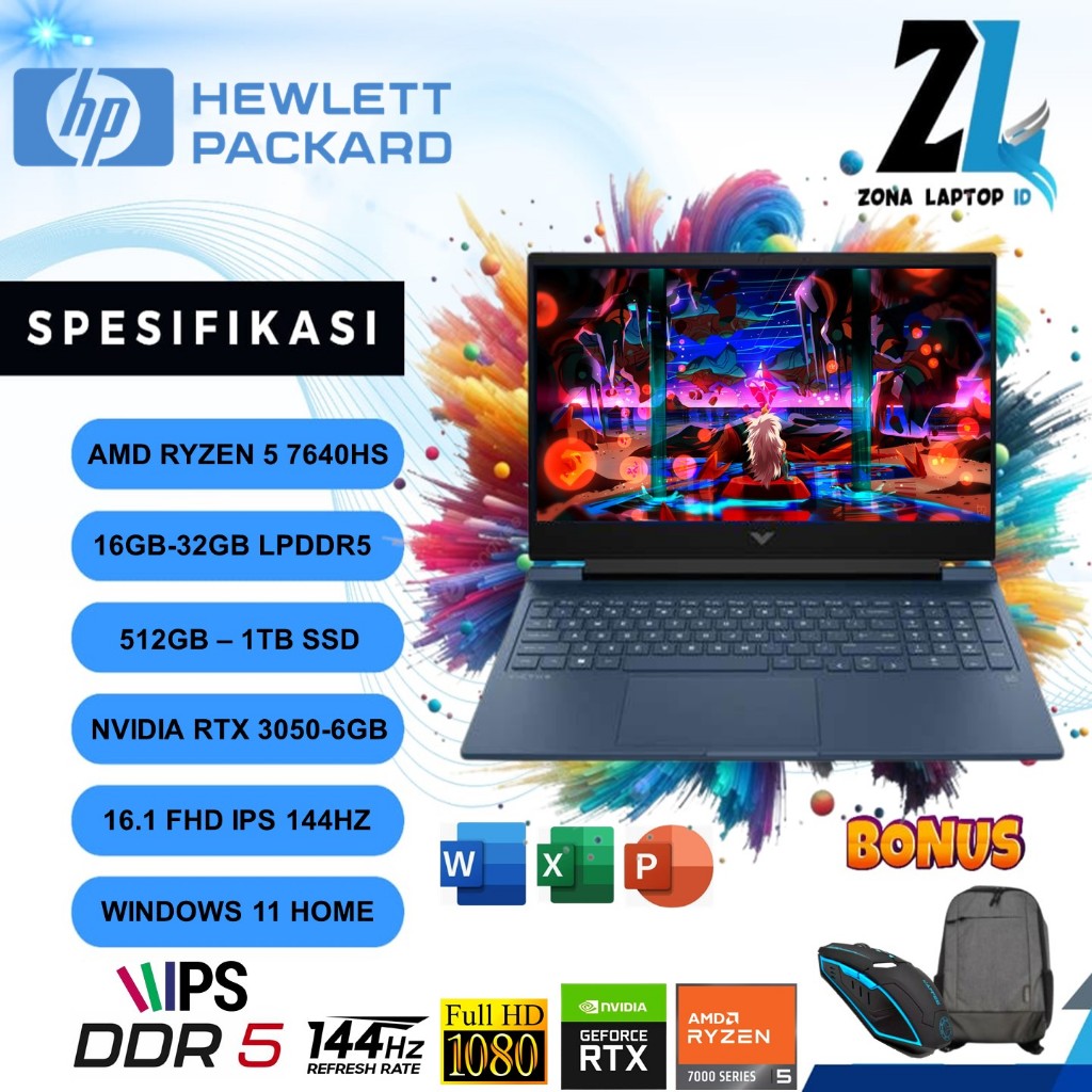 Laptop Gaming HP Victus 16 AMD Ryzen 5 7640HS RAM 32GB DDR5 1TB SSD RTX3050 6GB 16.1 FHD IPS Win11