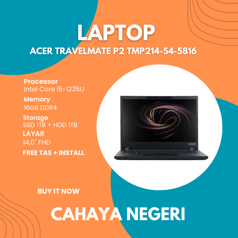 PROMO LAPTOP Acer TravelMate P2 TMP214-54-5816 Intel CORE i5 Generasi 12 RAM 16GB SSD 1000GB + HARDI