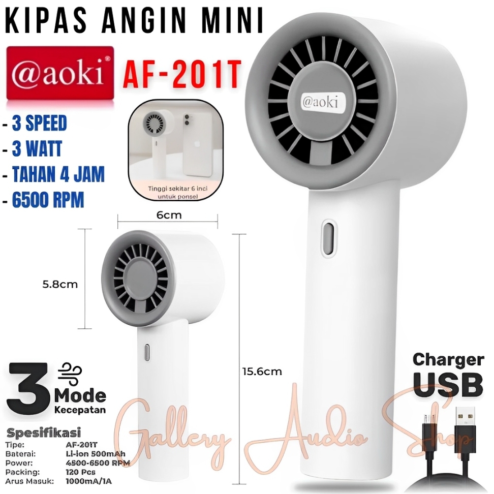 Kipas Angin Mini AOKI AF-201T Portable Bisa Di Cas | Kipas Mini Turbo Angin Kencang, Hemat Daya, Bat