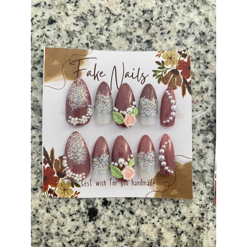 Kuku palsu wedding murah model elegant bunga Rose daun