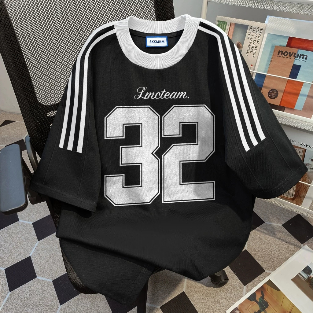 MY KAOS Baju Putih Black Kaos Premium Lengan Pendek Oversize Kaos Bergaris Tiga Dengan Nomor 32 Terc