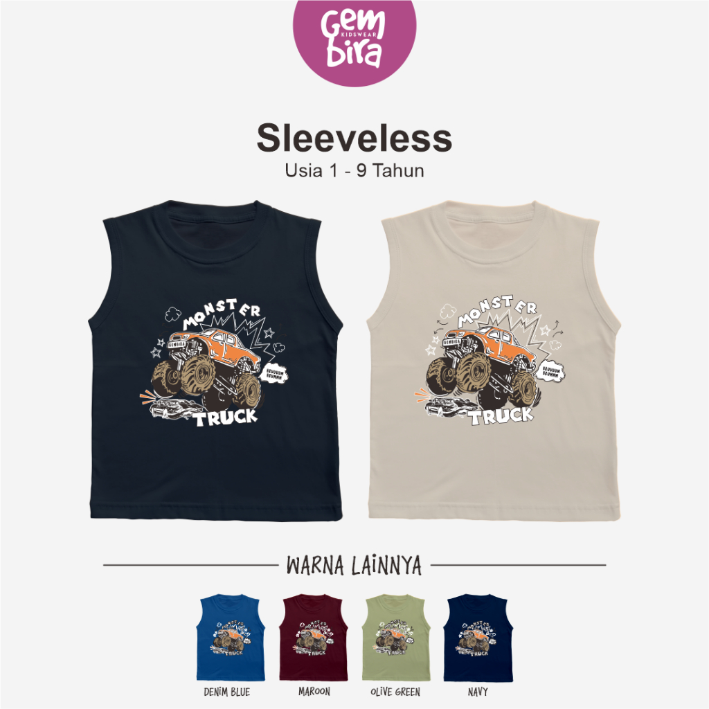 Sleeveless Kaos Kutung Singlet Anak Laki Laki Perempuan Monster Truk Usia 1 2 3 4 5 6 7 8 9 Tahun