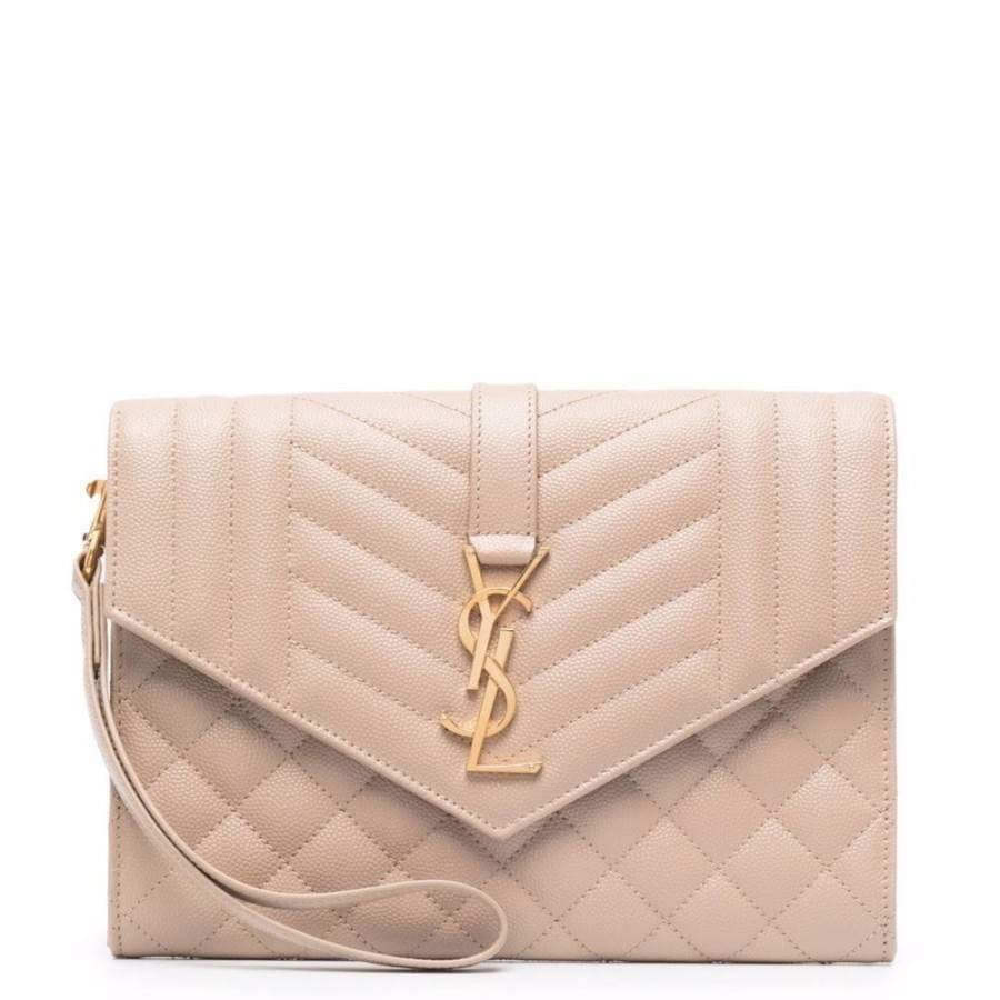 YSL Envelope Clutch Dark Beige GHW (21 x 15.5 x 2.5)