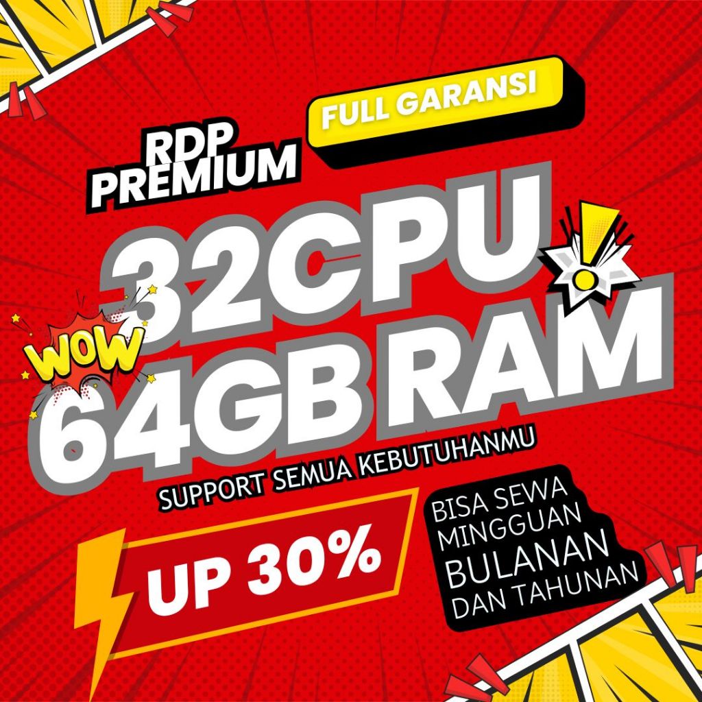 RDP Dedicated Bulanan 32CPU 64GBRAM VPS Full Garansi Proses Cepat
