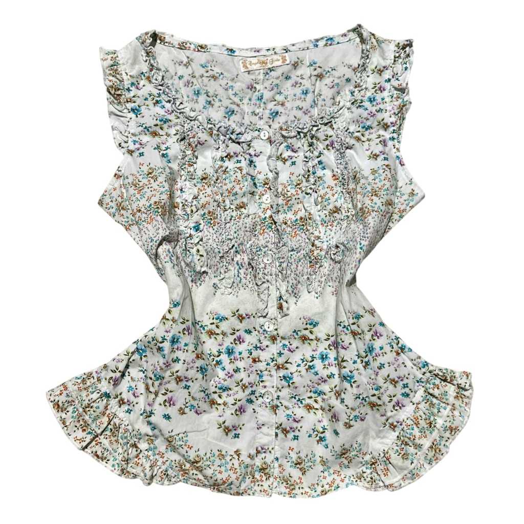 Ruffle Floral Milkmaid Buttoned Tanktop Sleevelesss Top | blouse vintage fairycore motif bunga flowe