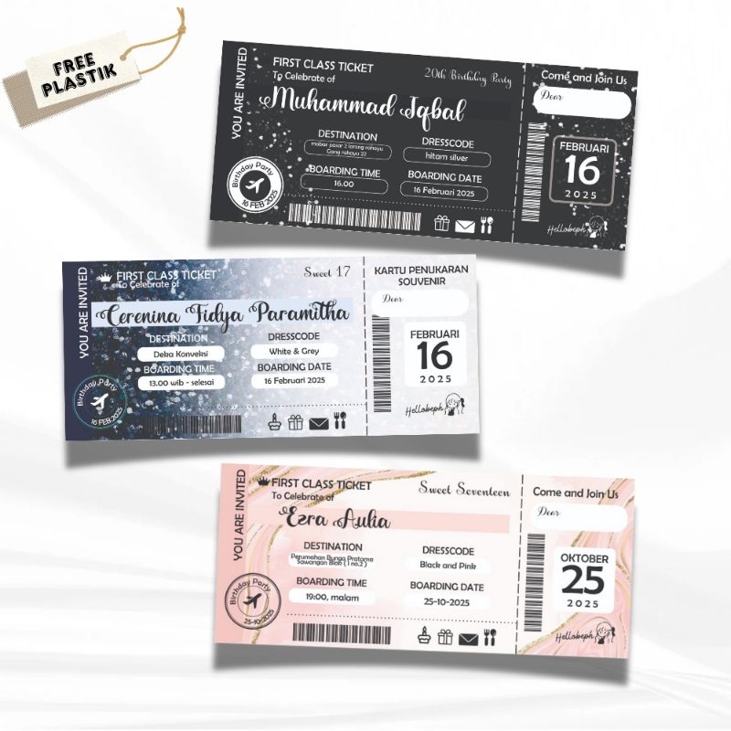 FREE PLASTIK Kartu Undangan Ulang Tahun Dewasa atau Anak Ultah Birthday Invitation Boarding ticket t