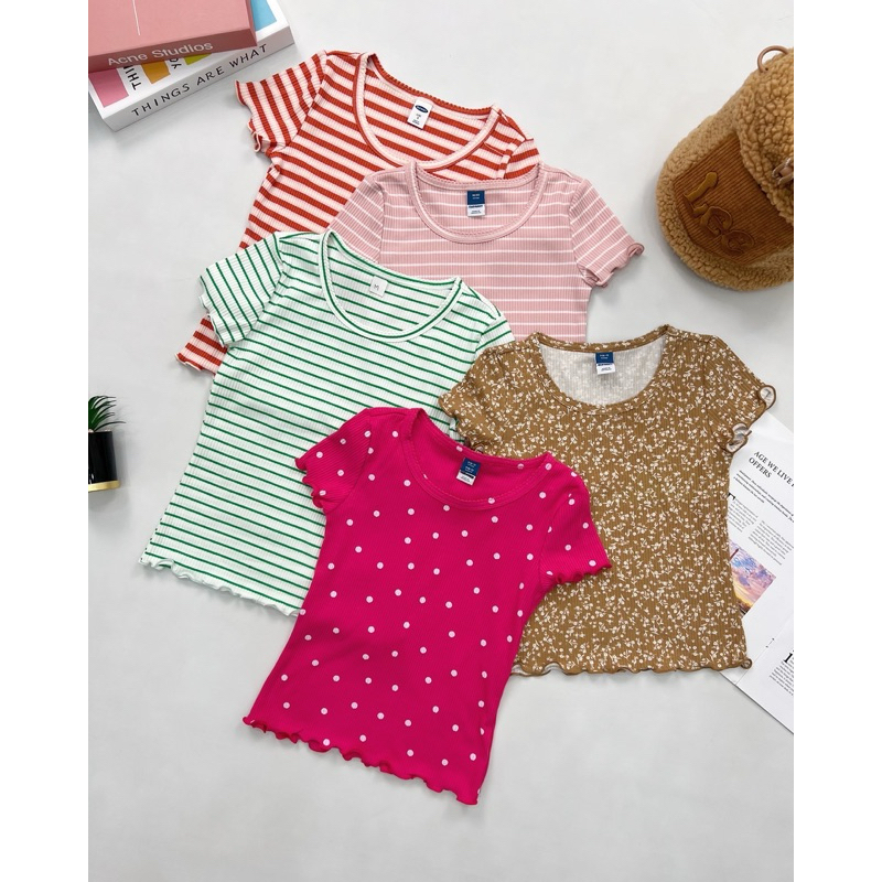 HJR1205 Printed Rib-knit Lettuce Edge Tshirt for Girls lo