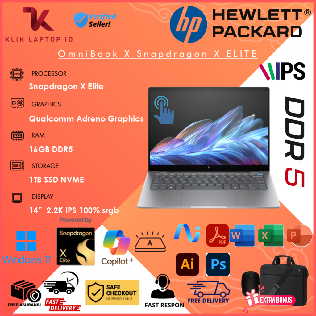 Laptop HP OmniBook X Laptop 14 inch Snapdragon X Elite X1E-78-100 Ram 16GB SSD 1TB 2.2K IPS Touch