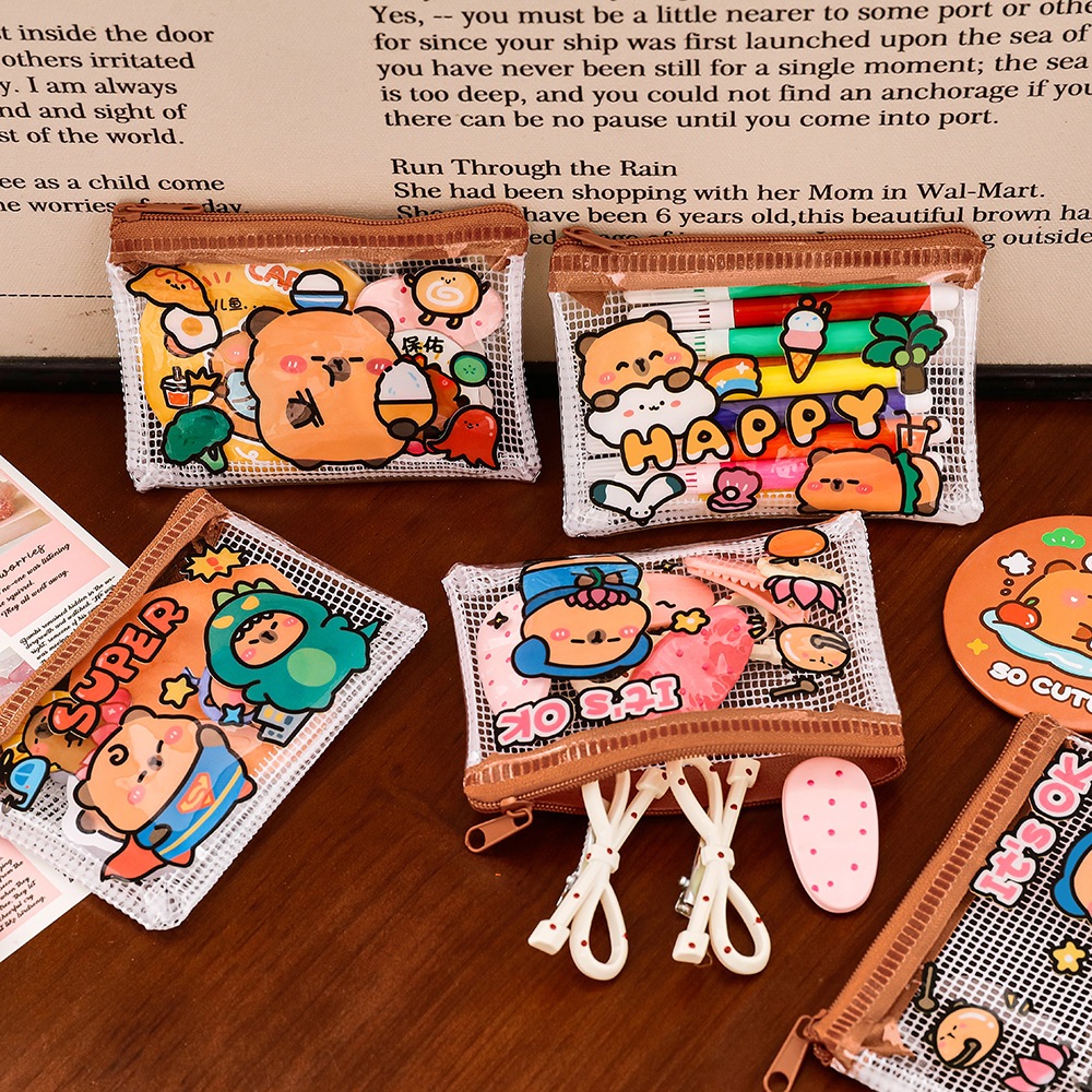 

Kakamoe - Capybara series Transparent Net Pencil Case Kotak Alat Tulis Transparan Tempat Penyimpanan