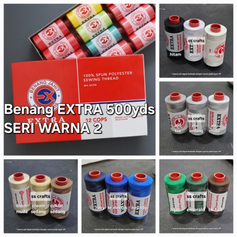 BENANG JAHIT EXTRA WARNA LENGKAP SERI WARNA 2 HITAM / PUTIH / ABU / BIRU / HIJAU / CREAM / COKLAT