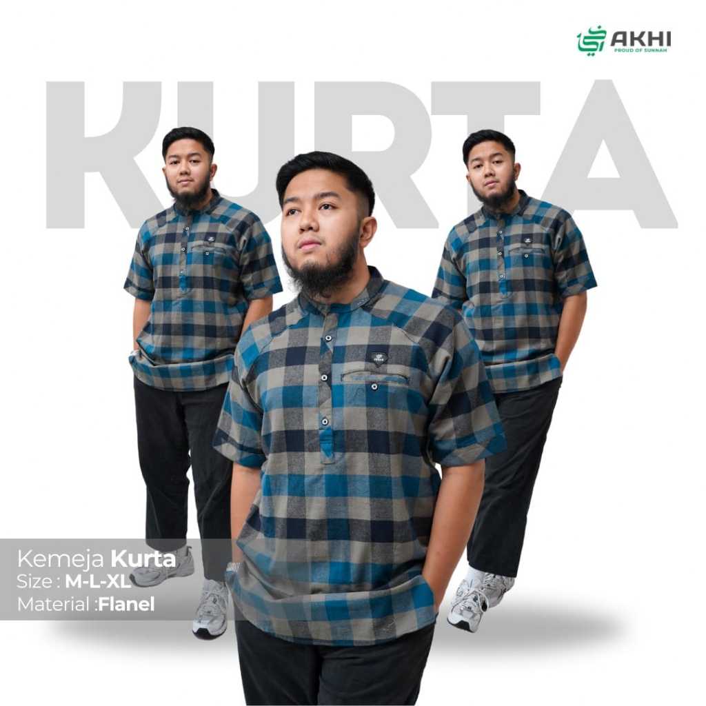 Akhi Kemeja Koko Kurta Lengan Pendek Pria Dewasa Flanel - Flanel