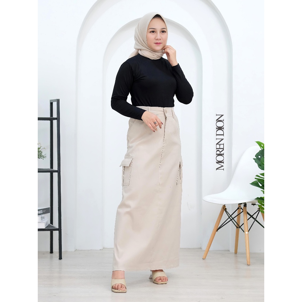 MOREN - Rok Cargo Wanita Rok Cargo Katun Twill Model A-Line Rok Maxi Wanita